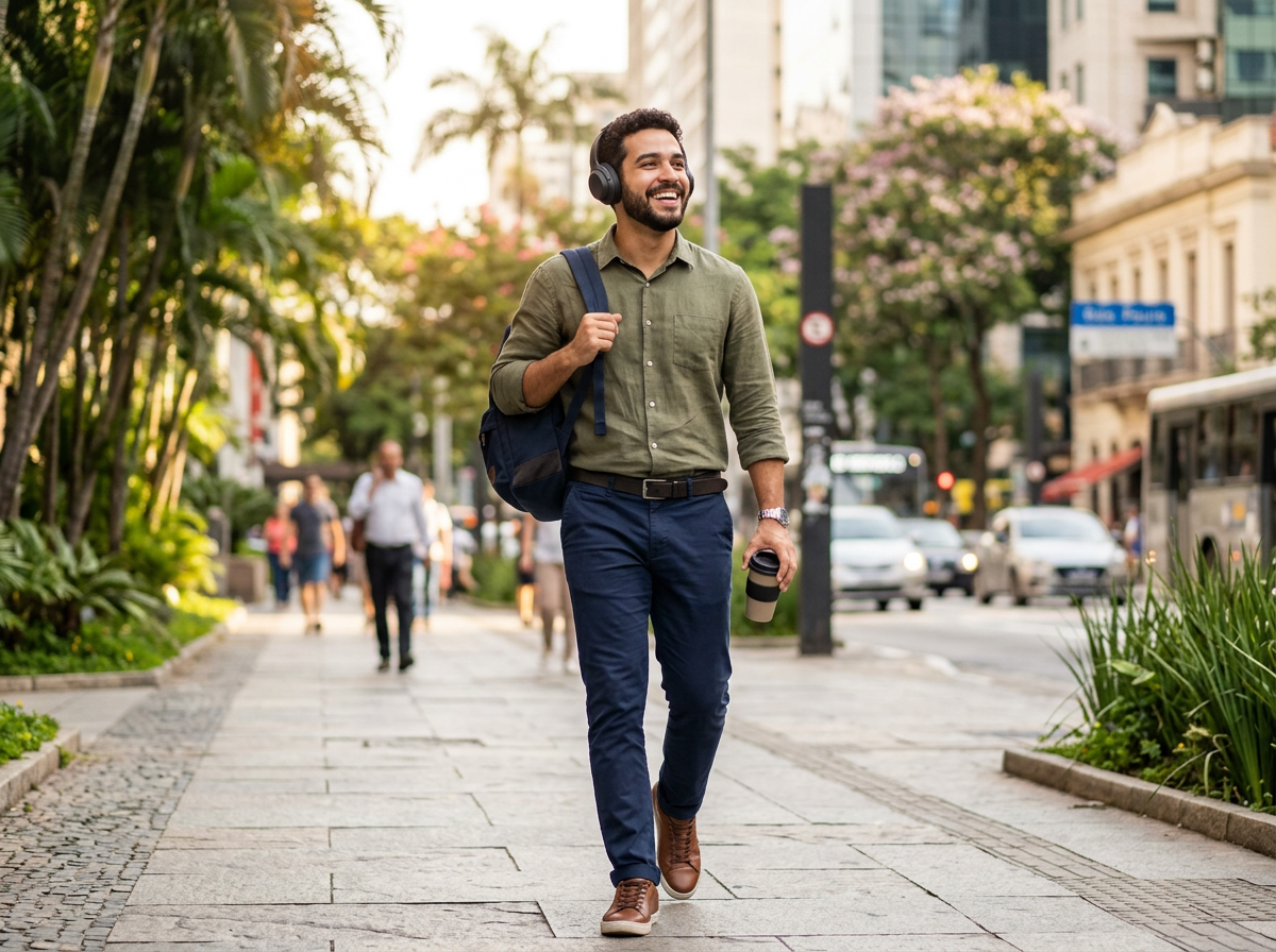Estudante ouvindo as aulas em podcast com fones de ouvido durante uma caminhada ao ar livre